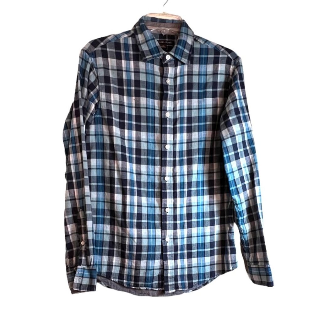 Michael Kors Classic Fit 100% Cotton Black/Grey/Teal/White Plaid Shirt, Size S